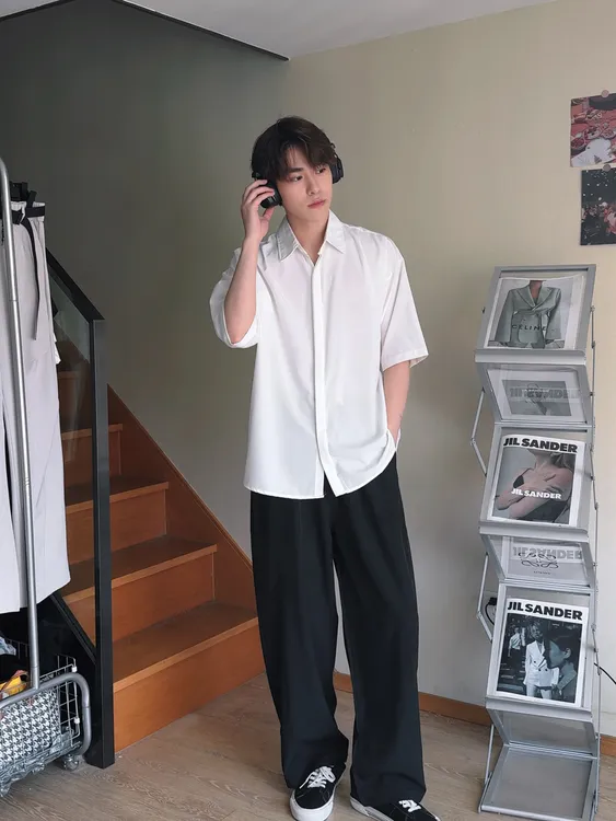 套装纯色黑色冰丝凉感衬衫休闲西裤两件套男潮大码短袖白衬衣裤子