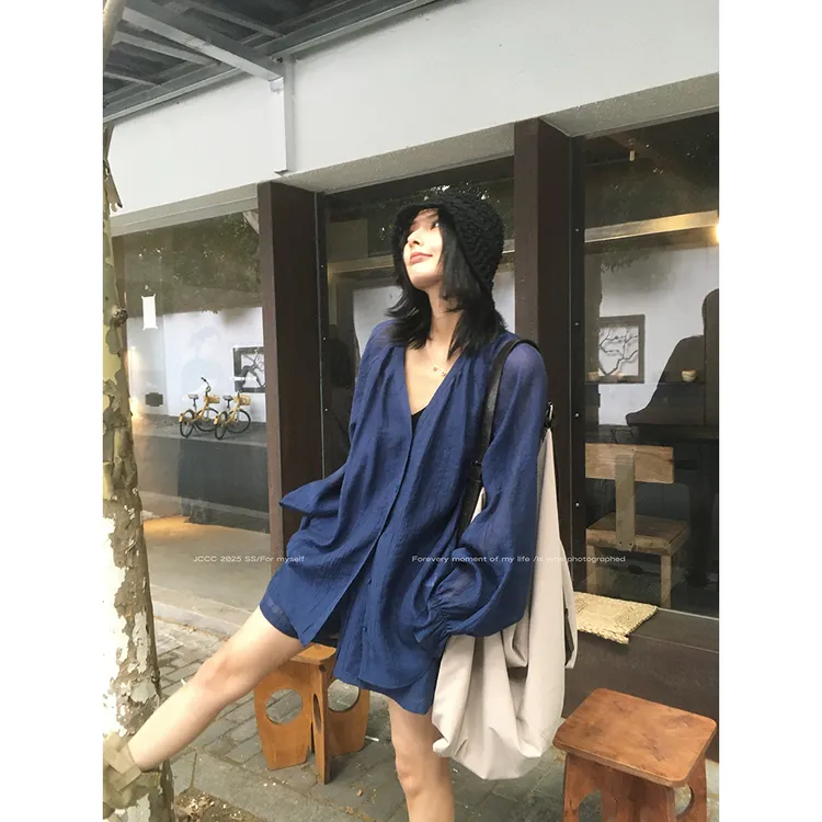 JCCC影子【蓝眼泪】藏青色V领纽扣合计花苞袖衬衫短裤套装JE4BSZ33