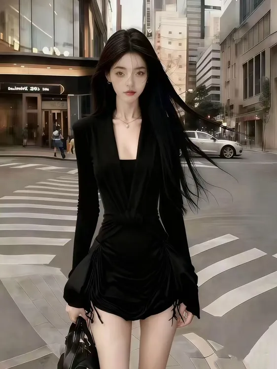 时尚黑色V领长袖修身收腰小众设计连衣裙【下裙为抽绳需自行调整】