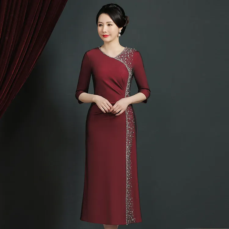 喜婆婆婚宴装高端旗袍礼服妈妈晚礼服高贵敬酒服连衣裙女修身金丝