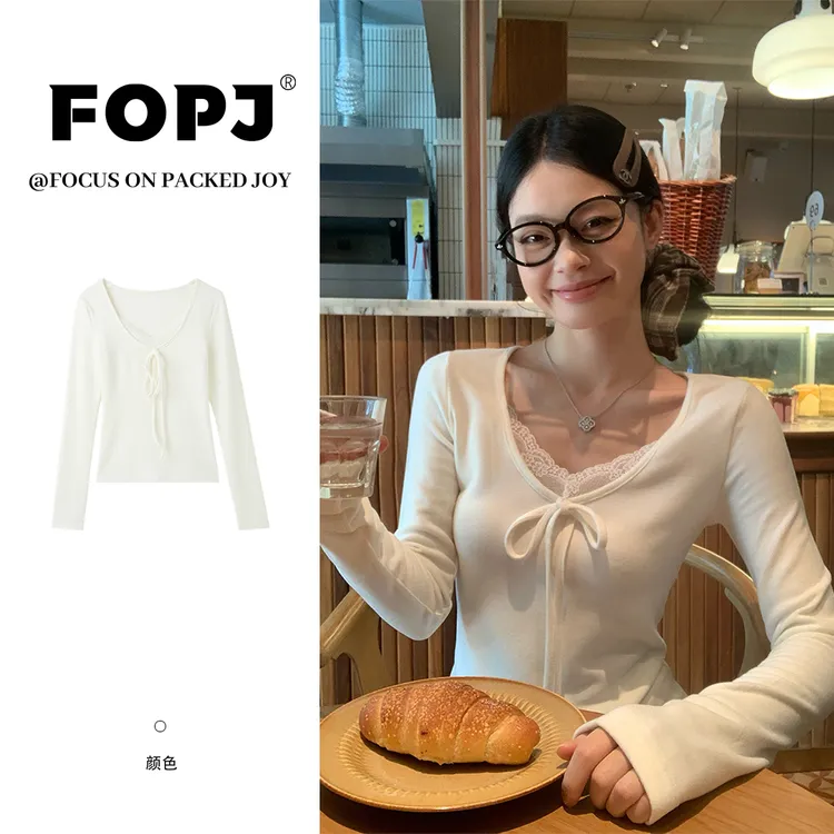 FOPJ韩系绑带蕾丝花边v领德绒内搭打底衫女秋冬设计感t恤修身上衣