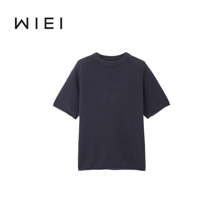 《WI EI》艺术感小卷边*篙端進口凉感亚麻纸片人针织短袖W25209078