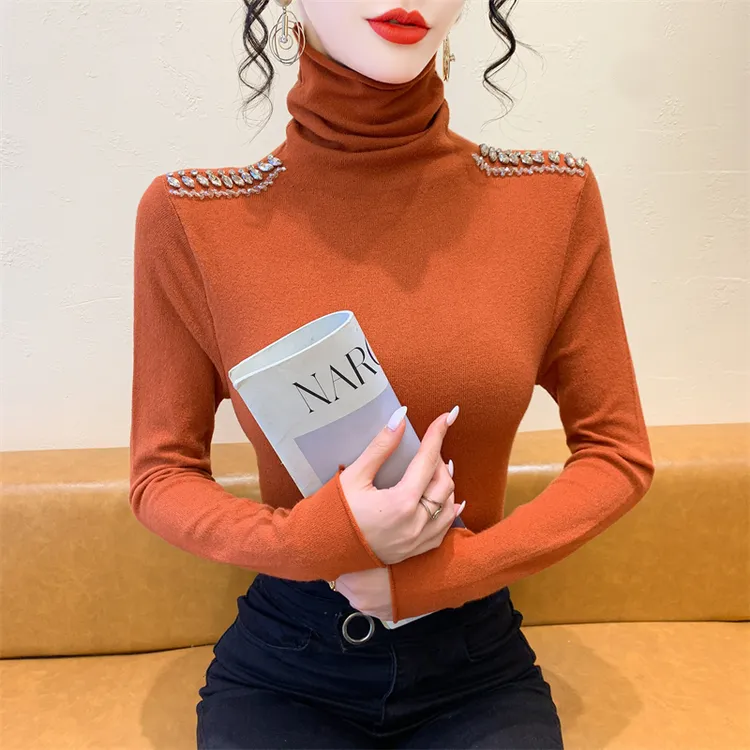 轻奢高级感绝美漂亮小衫高领重工镶钻针织衫女长袖T恤设计感小众