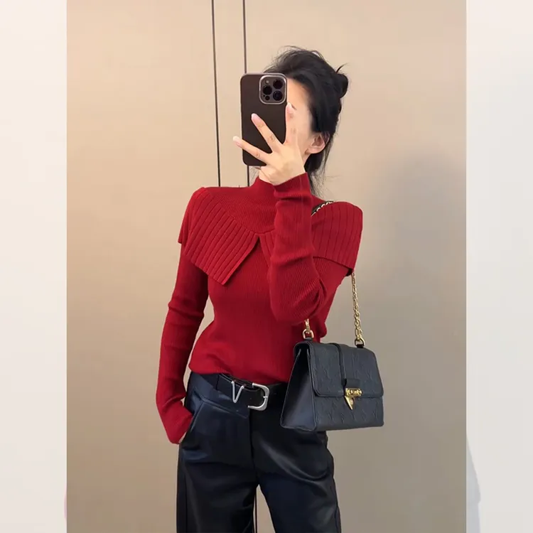 独特漂亮红色内搭半高领针织小衫上衣女装秋冬新款洋气打底衫毛衣
