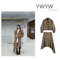 【YWYW25F/W】秋冬仿麂皮绒复古翻领短外套+不规则斜摆半裙套装5727