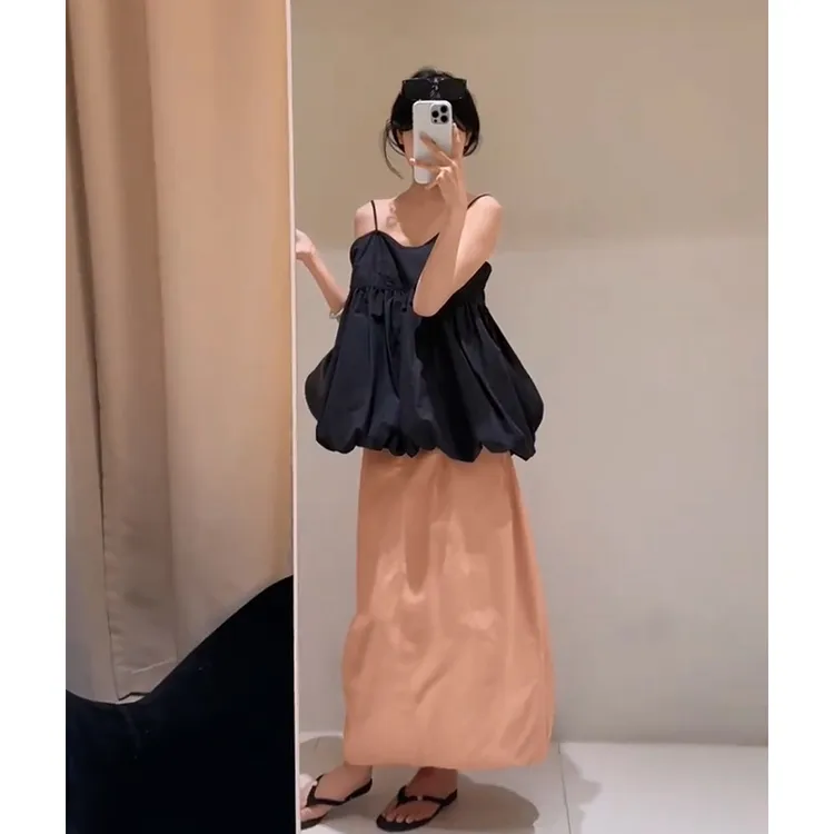 2025夏季新款法式设计感宽松花苞吊带上衣气质高腰显瘦A字半身裙