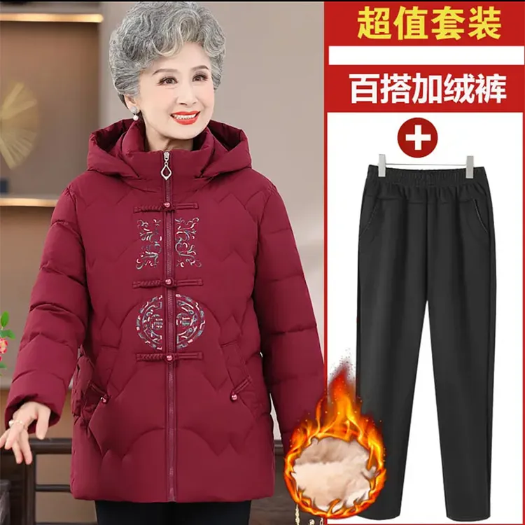 奶奶冬装棉服外套加绒加厚中老年人妈妈冬季棉衣绣花唐装连帽棉袄
