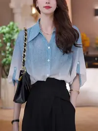 2025夏季新款泡泡袖常规款薄款渐变色衬衫减龄气质韩版休闲441