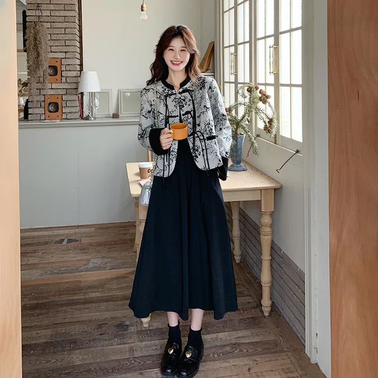 新中式盘扣水墨油画短外套连衣裙套装女2025春新款时尚洋气套装裙