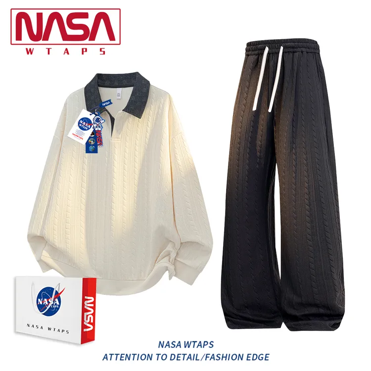 NASA WTAPS美式复古格子拼接高级感卫衣套装男春秋潮牌休闲两件套