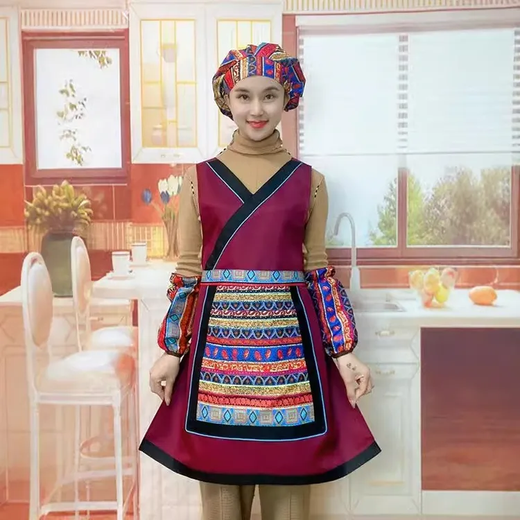 复古时尚防水新款防油厨房家用民族餐饮围裙餐厅酒店服务员工作服