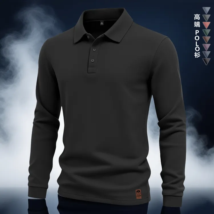 美式休闲风男士Polo衫长袖翻领经典百搭黑色T恤春秋 时尚户外衬衫