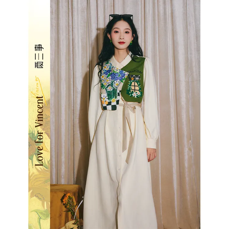 两三事花事未央 兰知春序新款时尚洋气女装 复古印花拼接连衣裙
