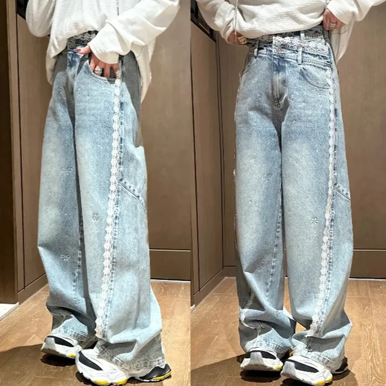 小个子宽松慵懒风蕾丝拼接阔腿牛仔裤女士2025春季小众设计感裤子