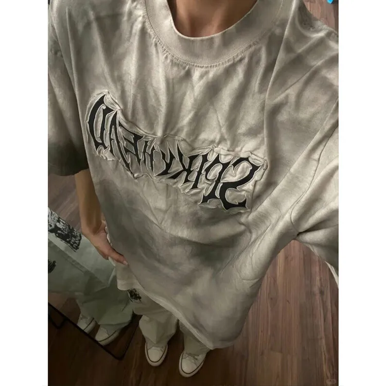 美式复古风ins水洗短袖T恤夏季字母刺绣设计感小众宽松半袖上衣男