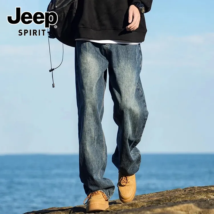 JEEPSPIRIT吉普男士阔腿牛仔裤男款潮牌男裤宽松秋季直筒长裤子男