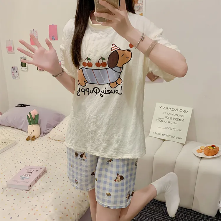 夏季爆款腊肠小狗睡衣女款2025新款卡通风短袖短裤学生家居服套装