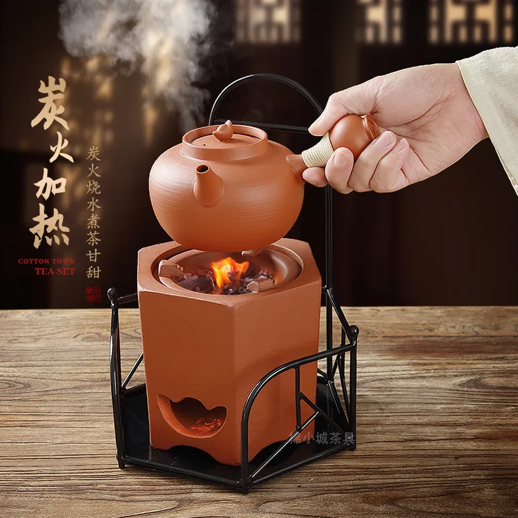 潮州红泥小火炉炭炉电炭两用手工薄胎跳盖烧水砂铫壶红泥侧把碳炉
