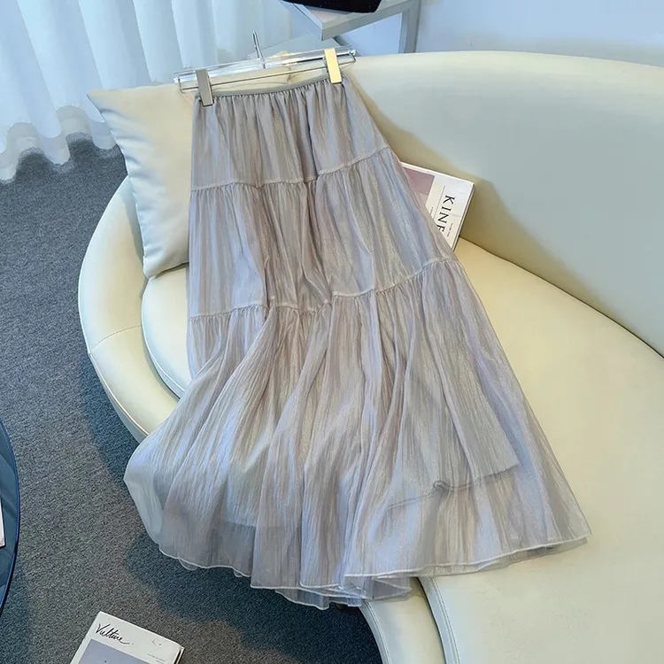 拉夏贝尔夏日a字百褶半身裙女高腰显瘦小个子中长款蛋糕裙子