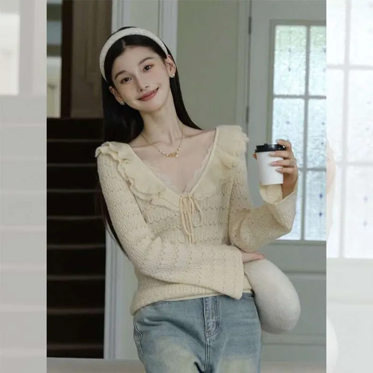 韩系黄色系带花边v领长袖针织衫女早秋设计感毛衣打底衫内搭上衣