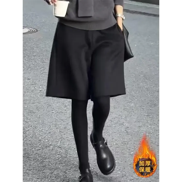 大码黑色加厚五分毛呢裤女2025秋冬新款高腰时尚宽松百搭阔腿裤子