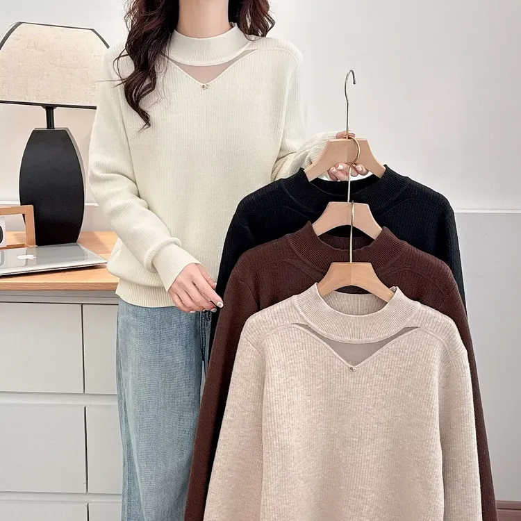 微胖大码女装加绒加厚毛针织衫立领洋气拼接网纱显瘦百搭打底衫