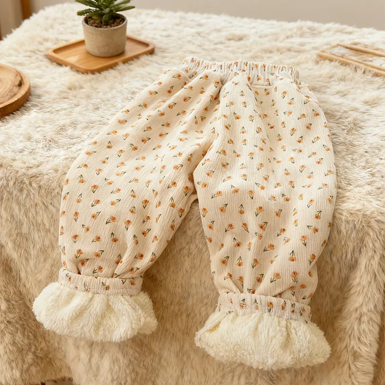 儿童灯芯绒裤子秋冬加绒加厚休闲裤洋气宝宝长裤女童复古碎花外穿