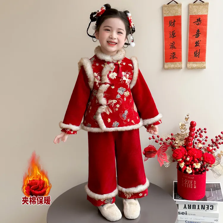 拜年服女童新中式加厚套装儿童国风汉服喜庆过年服女宝宝红色唐装