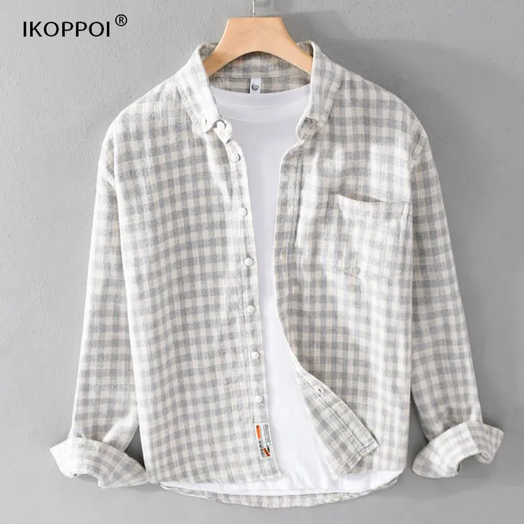 长袖衬衫男士春秋季宽松翻领磨毛格子上衣日系复古纯棉衬衣外套潮