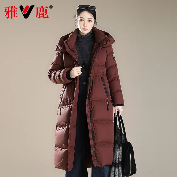 V/雅鹿90绒好羽绒新款连帽长款过膝户外休闲加长款冬季保暖羽绒服