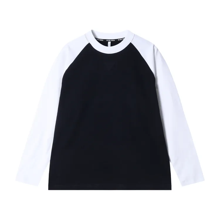 早春新款时尚个性黑白撞色倒三角圆领长袖T恤情侣百搭套头上衣