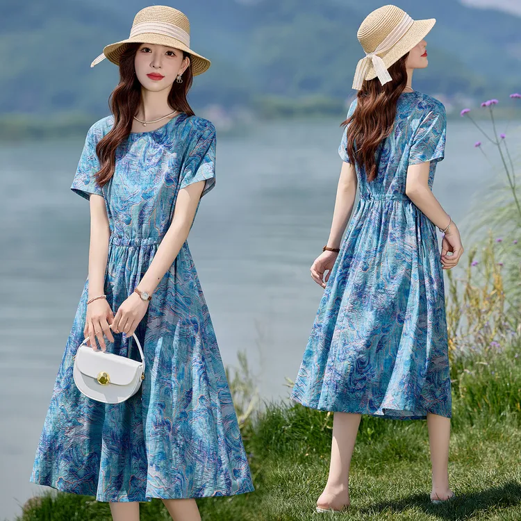休闲时尚碎花连衣裙女2025夏季新款抽绳收腰显瘦减龄中长款A字裙