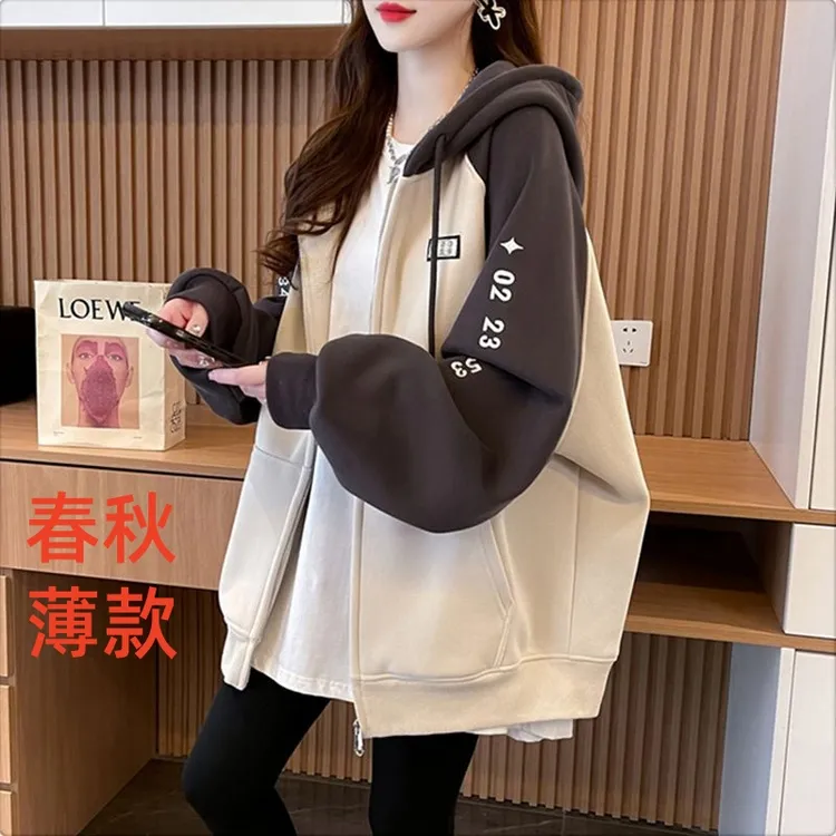 春秋款学生女连帽外套女韩版宽松百搭加绒外套女洋气遮屁股上衣女
