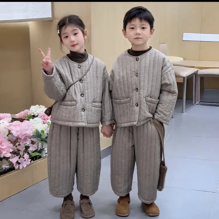 女童秋冬装套装2025新款儿童韩版夹棉圆领棉服外套宝宝洋气两件套