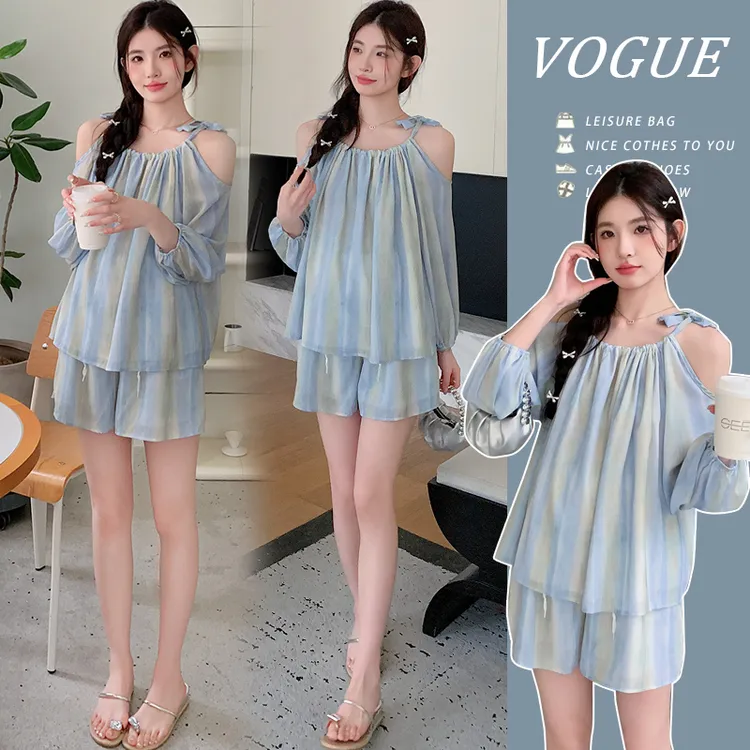 2025新款孕妇套装夏装慵懒风露肩上衣夏季阔腿裤两件套阔腿短裤