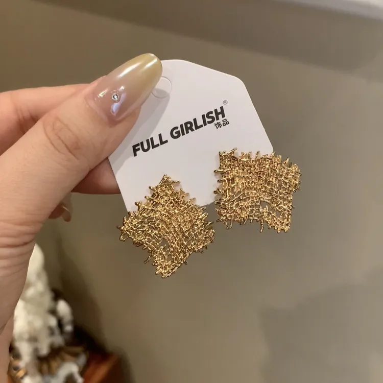 铜合金耳饰 金色几何镂空网状耳环女小众设计感独特耳钉夸张耳饰
