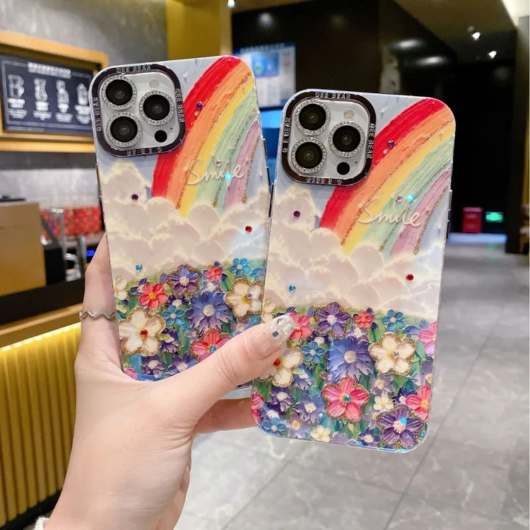 彩虹花海油画iphone14ProMax闪钻手机壳16苹果15奢华防摔保护套13