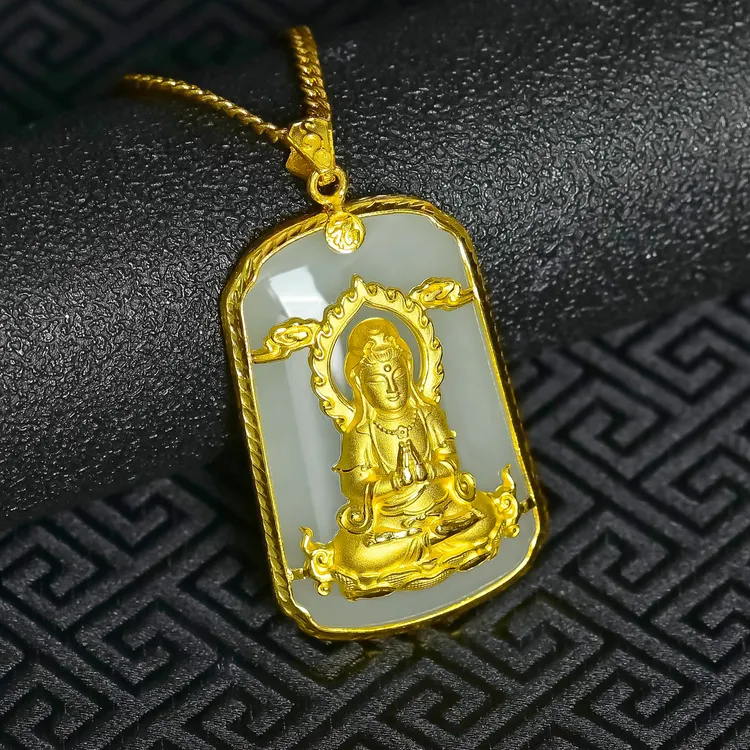 黄金观世音菩萨吊坠999足金手工镶嵌和田玉挂件男士白玉生日礼物