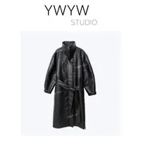 【YWYW25S/S】设计感单边开衩复古立领/翻领束腰PU皮大衣风衣3639