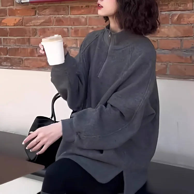 欧货时髦洋气深灰色立领宽松慵懒风长袖卫衣女秋冬新款休闲百搭潮