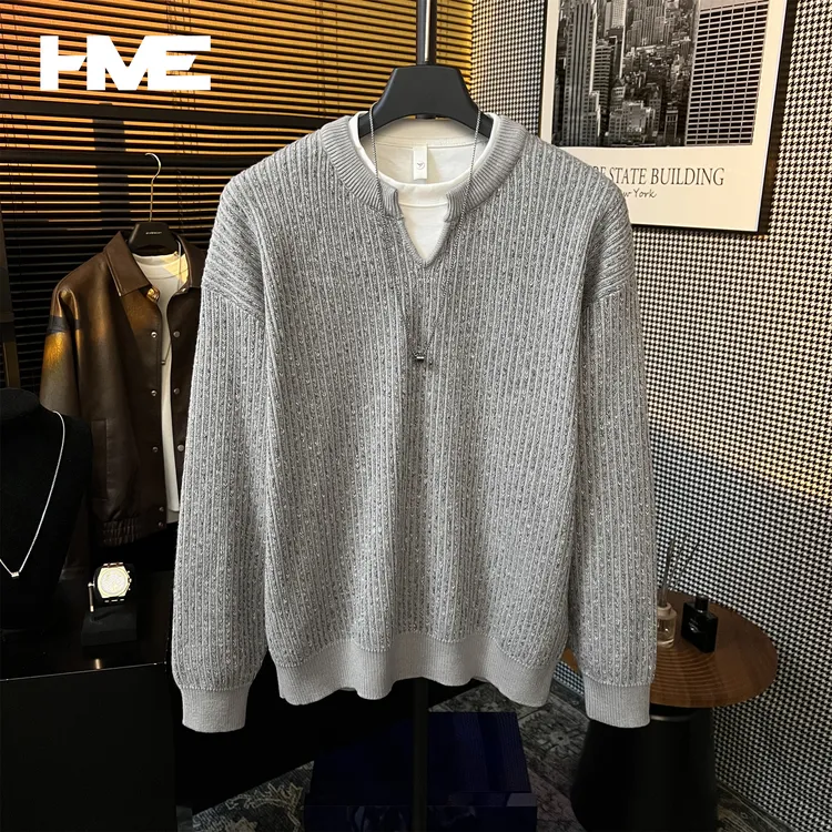 【HMEYAO】【混色纱线层次感】原创秋冬时尚提花撞色假两件针织衫毛衣