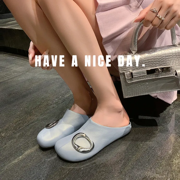 （牛皮/2.5厘米）春季新款圆头金属低跟包头时尚凉拖鞋女士懒人拖女