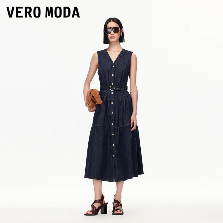 Vero Moda连衣裙2025夏季新款纯棉高腰牛仔A字中长裙325342003