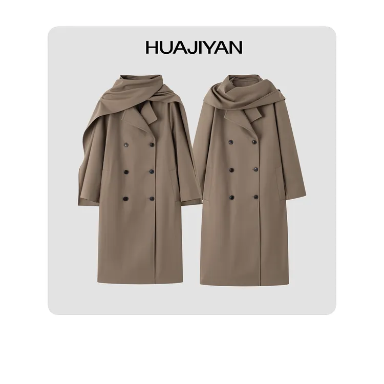 华吉言/HUAJIYAN【米兰达】羊毛混纺设计感围巾领长款风衣外套
