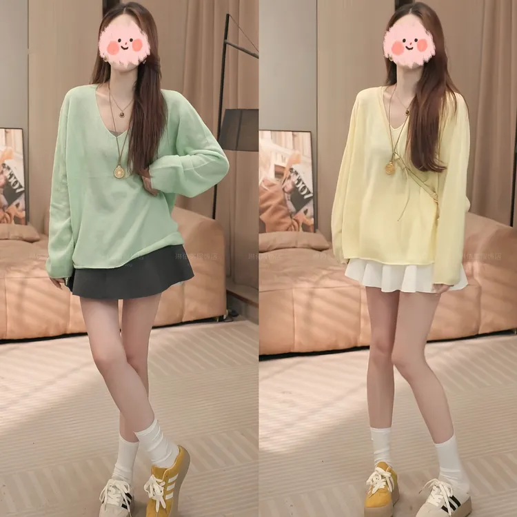 2025早秋新款显瘦温柔风设计感V领长袖针织衫百搭高腰A字裙套装女