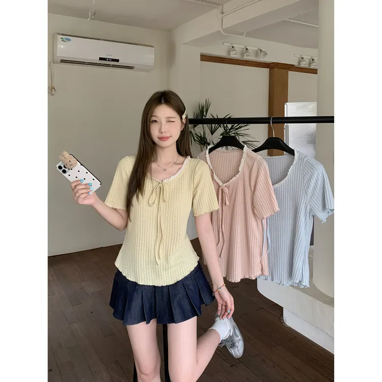 清2025夏季胖mm大码蕾丝拼接圆领短袖T恤法式气质甜美上衣64112