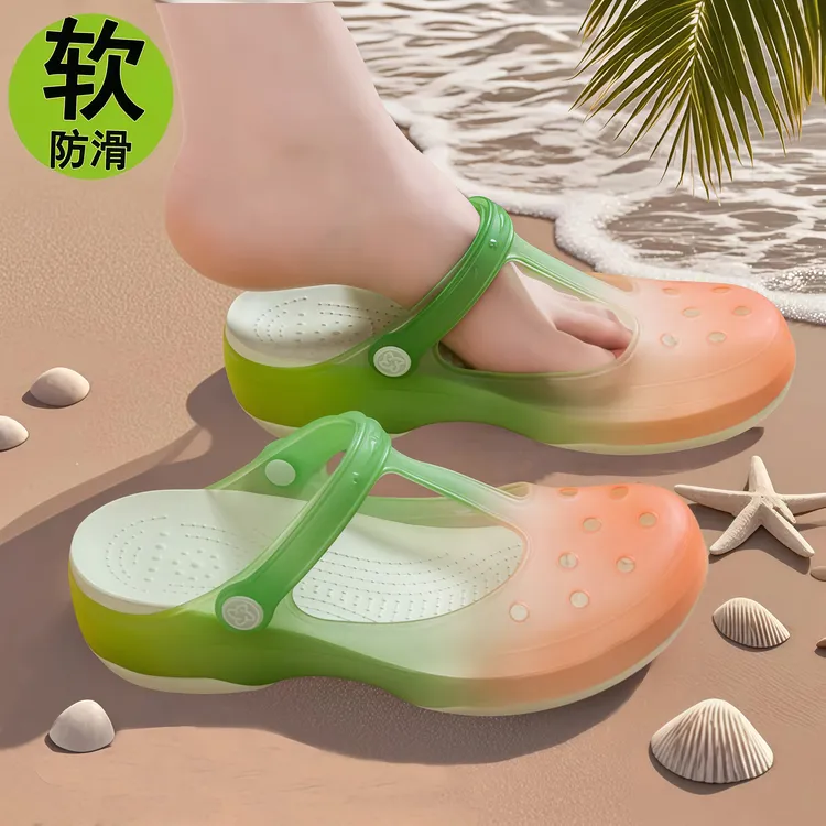 维布伦苹果青洞洞鞋女防滑厚底中年妈妈夏凉鞋包头旅游外穿沙滩鞋