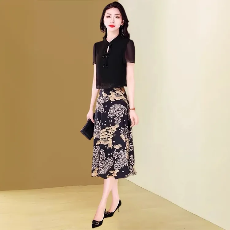 新中式国风盘扣中长款修身显瘦假两件印花连衣裙女春夏小个子妈妈