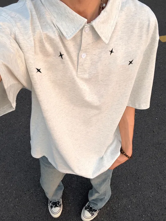 新款POLO衫小众痞帅简约白灰韩版宽松圆领潮牌百搭短袖T恤夏季