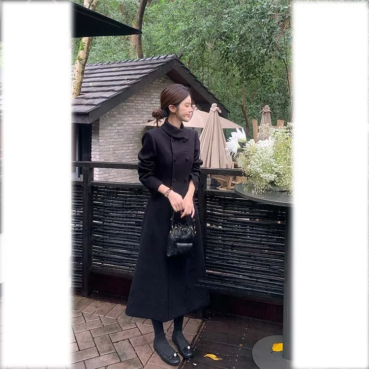【有里布】韩版翻领双排扣小香风设计感毛呢大衣JT0136